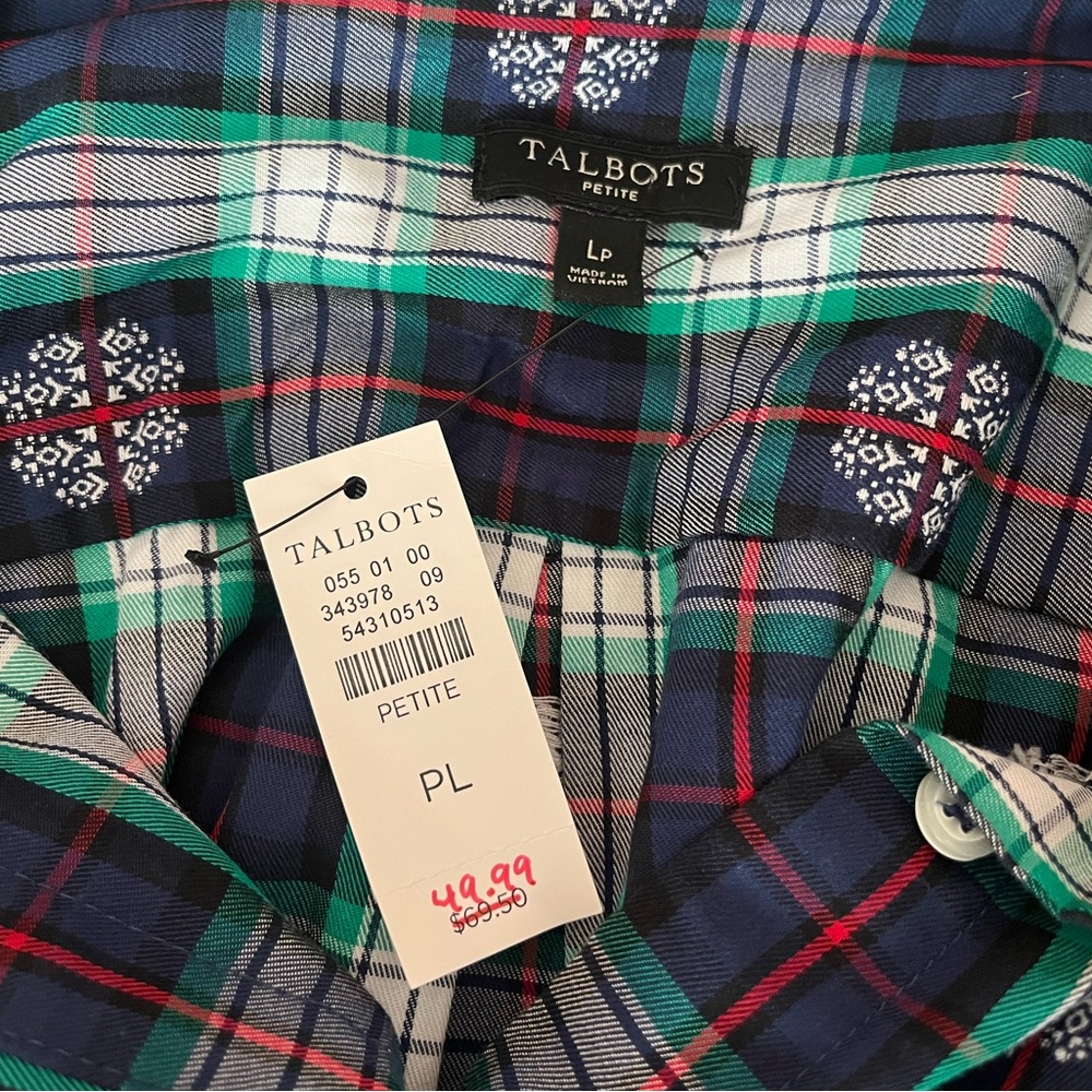 {Talbots} Classic Cotton Button Down in Snowflake Jacquard Plaid - Large Petite - Picture 7 of 9